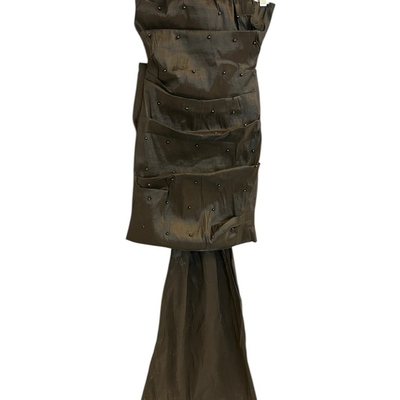 Lucky Brand S NWOT Black Tiered Pleated mini Gown with Maxi bow train beaded - Picture 3 of 16